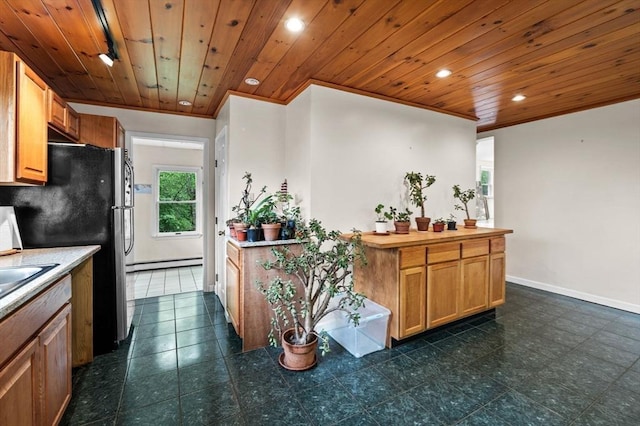 5 Emery Ct, Stoneham, MA 02180 - kitchen featuring baseboards, a baseboard heating unit, recessed lighting, ornamental molding, and wooden ceiling
