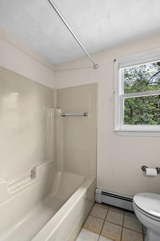 5 Emery Ct, Stoneham, MA 02180 - bathroom with baseboard heating, bathing tub / shower combination, toilet, and tile patterned floors