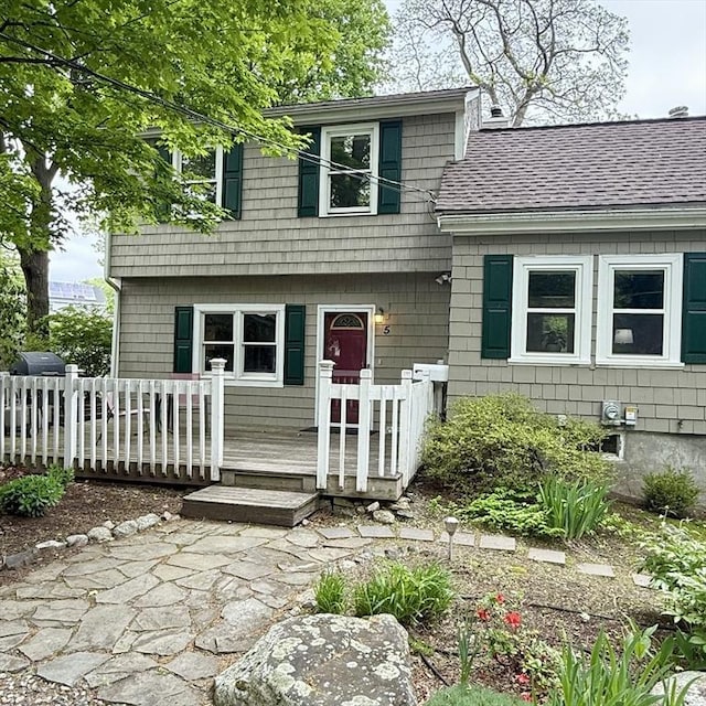 5 Emery Ct, Stoneham, MA 02180 - view of front of home featuring a wooden deck and roof with shingles