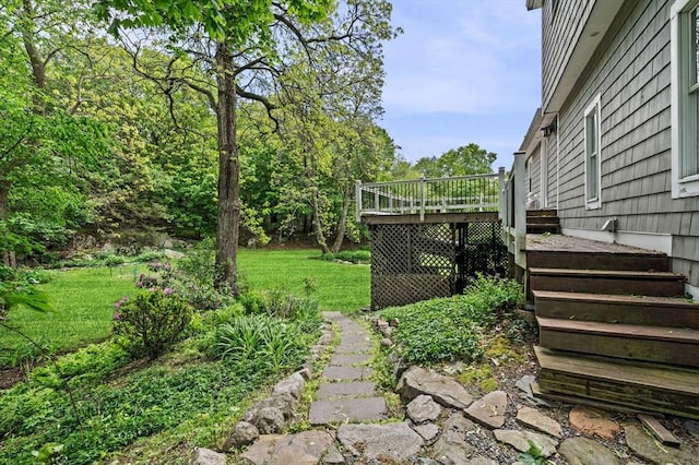 5 Emery Ct, Stoneham, MA 02180 - view of grassy yard featuring a wooden deck and stairway