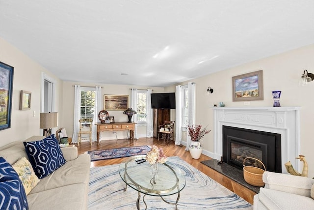 living area with baseboards, wood finished floors, and a glass covered fireplace
