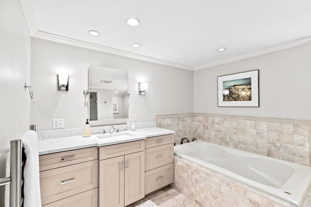 bathroom featuring recessed lighting, tile patterned flooring, vanity, a bath, and crown molding
