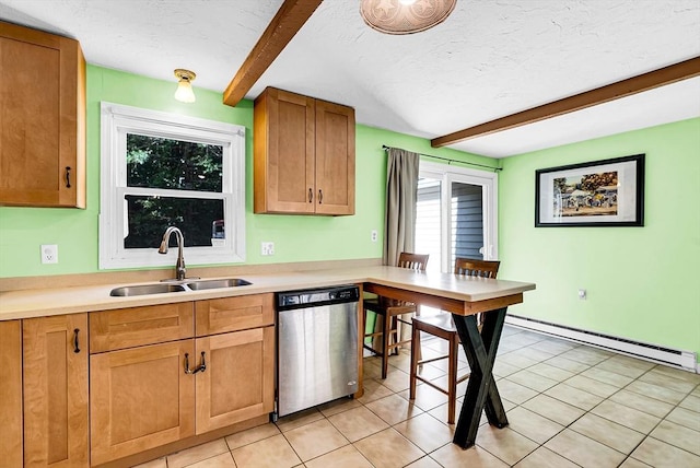 kitchen featuring dishwasher, a baseboard radiator, beamed ceiling, a textured ceiling, and a sink