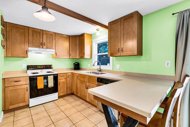 kitchen featuring range with electric cooktop, dishwashing machine, light countertops, under cabinet range hood, and a sink