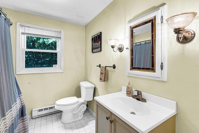 full bathroom featuring toilet, baseboard heating, vanity, baseboards, and tile patterned floors