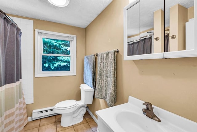 bathroom featuring a textured ceiling, baseboard heating, toilet, and tile patterned floors