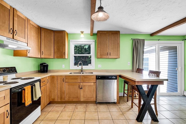 kitchen with light countertops, stainless steel dishwasher, under cabinet range hood, a sink, and range with electric stovetop