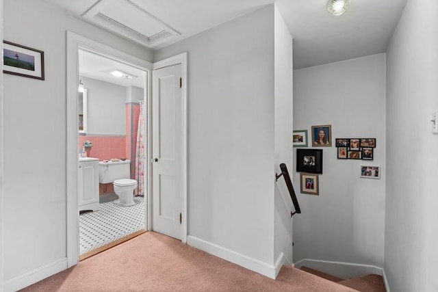 299 Appleton St, Arlington, MA 02476 - hallway featuring an upstairs landing and carpet flooring