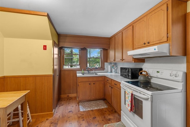 299 Appleton St, Arlington, MA 02476 - kitchen with white range with electric cooktop, black microwave, under cabinet range hood, light wood-style flooring, and wainscoting
