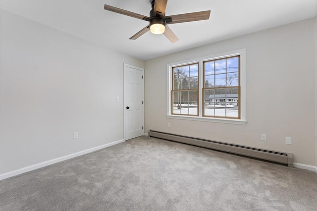 unfurnished room featuring carpet, ceiling fan, a baseboard radiator, and baseboards