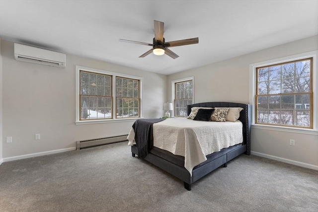 carpeted bedroom with baseboards, a wall mounted air conditioner, baseboard heating, and multiple windows