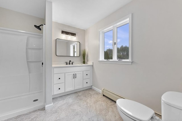 full bath with a baseboard radiator, toilet, vanity, baseboards, and a stall shower