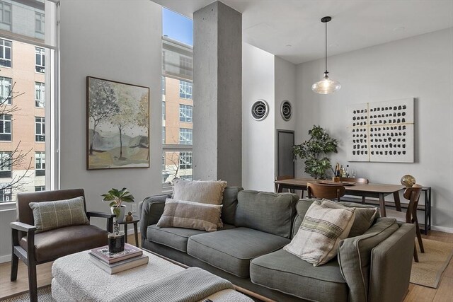 living area featuring light wood-style flooring, plenty of natural light, and baseboards