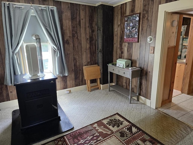 interior space featuring baseboards, carpet flooring, and wooden walls