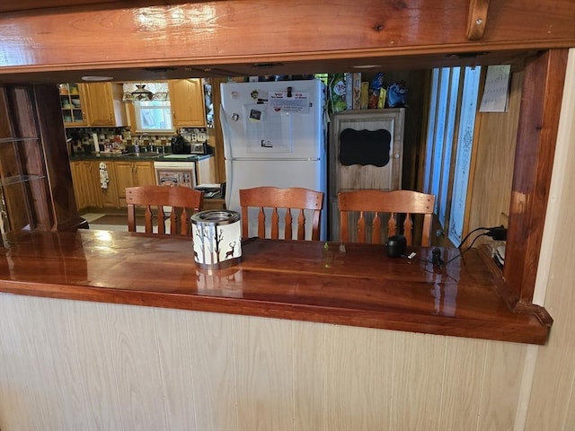 kitchen featuring freestanding refrigerator, a sink, backsplash, and dark countertops