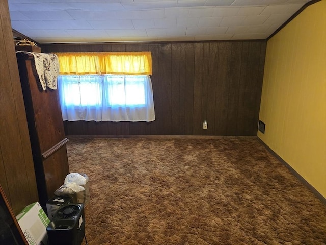 empty room featuring wooden walls and carpet flooring