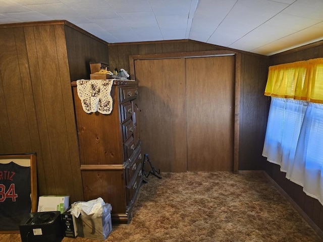 interior space with wood walls, lofted ceiling, and carpet flooring