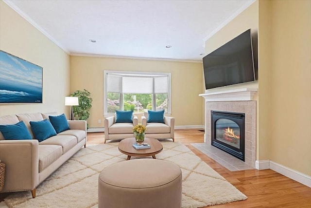 89 Standish Rd, Bourne, MA 02562 - living room with ornamental molding, a baseboard radiator, a fireplace, wood finished floors, and baseboards