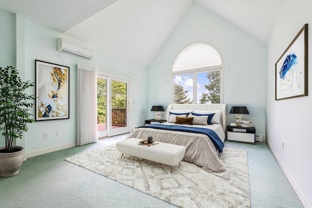 89 Standish Rd, Bourne, MA 02562 - bedroom featuring an AC wall unit, access to exterior, carpet floors, high vaulted ceiling, and baseboards