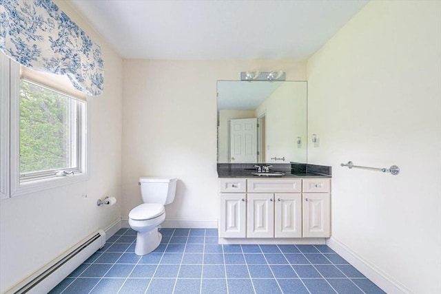 89 Standish Rd, Bourne, MA 02562 - bathroom featuring a baseboard heating unit, vanity, toilet, and tile patterned flooring