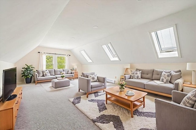 89 Standish Rd, Bourne, MA 02562 - living room featuring a skylight, lofted ceiling, and baseboard heating
