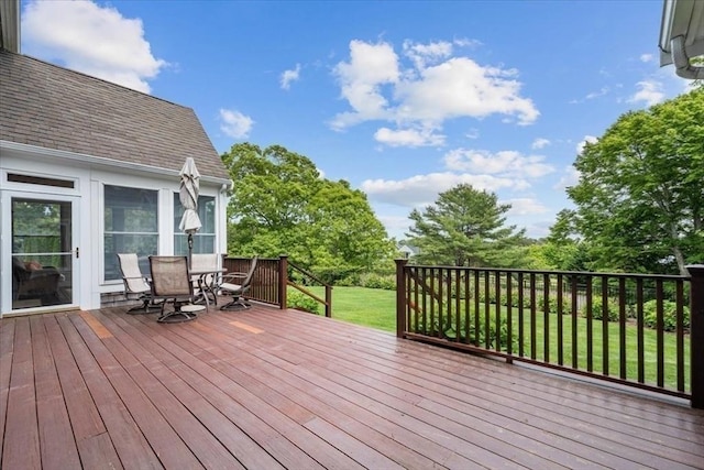 89 Standish Rd, Bourne, MA 02562 - wooden terrace with outdoor dining space and a lawn