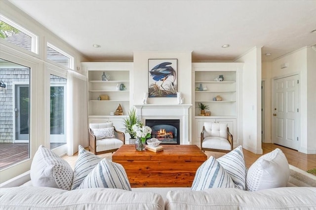 89 Standish Rd, Bourne, MA 02562 - living room featuring a glass covered fireplace, baseboards, built in shelves, and light wood finished floors