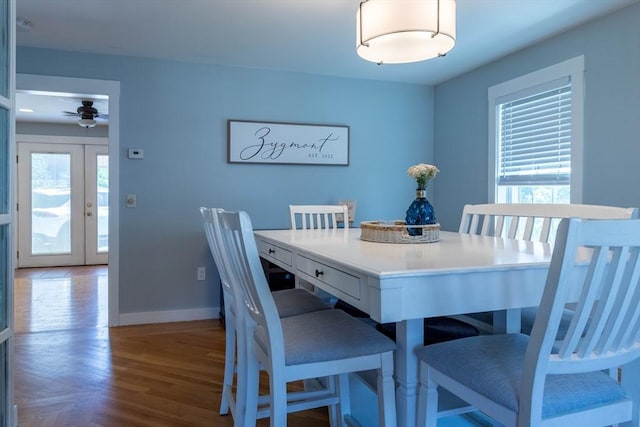 3846 Pawtucket, East Providence, RI 02915 - dining space with wood finished floors, a ceiling fan, and french doors
