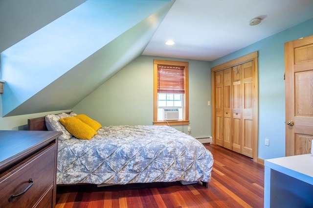 3846 Pawtucket, East Providence, RI 02915 - bedroom featuring a baseboard radiator, wood finished floors, lofted ceiling, cooling unit, and a closet