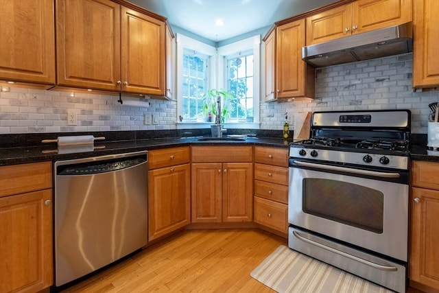 3846 Pawtucket, East Providence, RI 02915 - kitchen featuring appliances with stainless steel finishes, under cabinet range hood, light wood finished floors, brown cabinetry, and recessed lighting