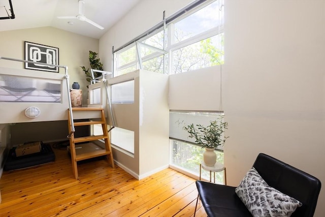 bedroom featuring light wood-style flooring and vaulted ceiling