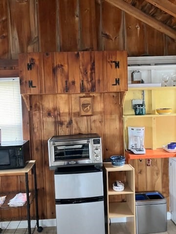 kitchen featuring wood walls