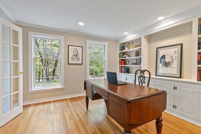 114 Hunters Ridge Rd, Concord, MA 01742 - office with ornamental molding, light wood finished floors, baseboards, built in features, and recessed lighting