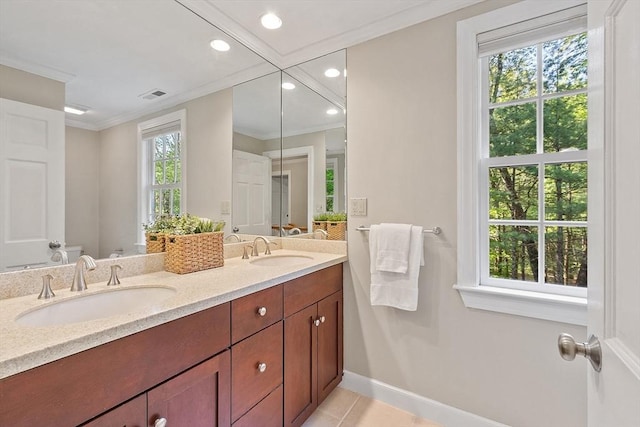 114 Hunters Ridge Rd, Concord, MA 01742 - bathroom featuring baseboards, recessed lighting, double vanity, ornamental molding, and tile patterned floors