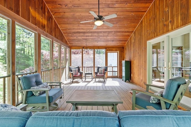 114 Hunters Ridge Rd, Concord, MA 01742 - sunroom featuring lofted ceiling, ceiling fan, and french doors