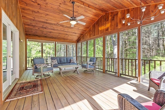 114 Hunters Ridge Rd, Concord, MA 01742 - sunroom featuring an outdoor living space, lofted ceiling, a ceiling fan, and plenty of natural light