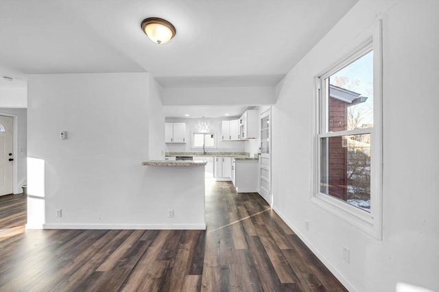 unfurnished living room featuring dark hardwood / wood-style flooring and sink