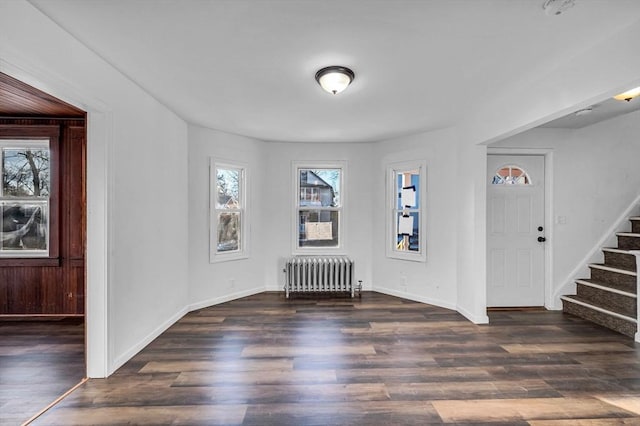 entrance foyer with radiator and dark wood-type flooring