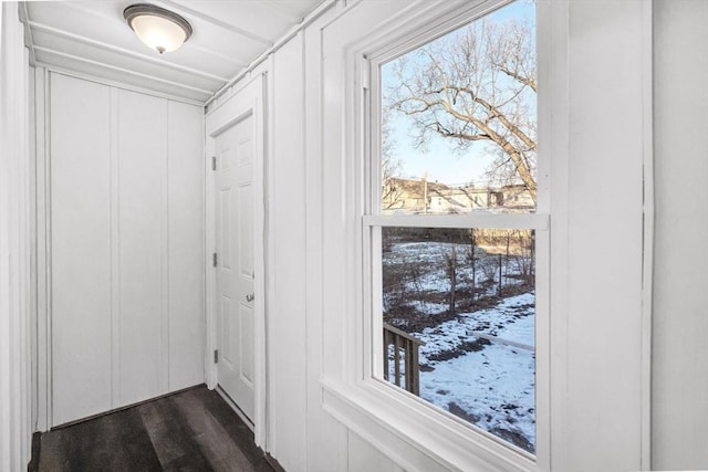 doorway to outside featuring a wealth of natural light and dark hardwood / wood-style floors