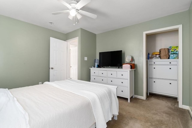 bedroom with light colored carpet and ceiling fan