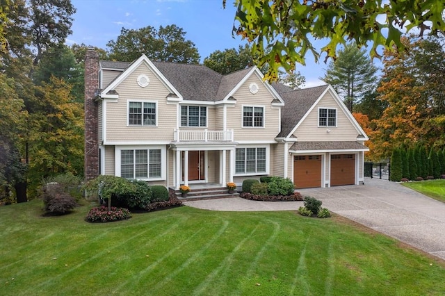 view of front of house with a balcony, a front lawn, and a garage