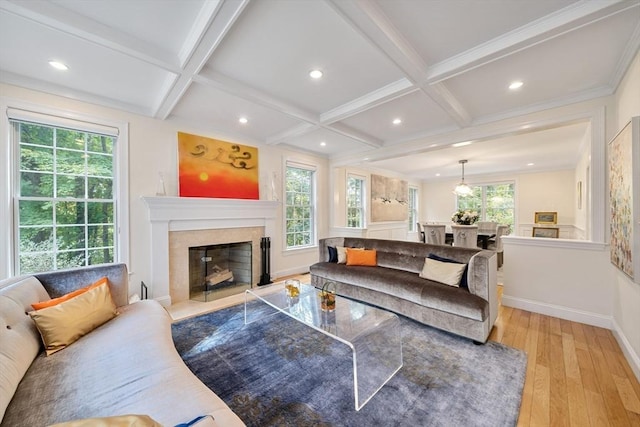 living room featuring beamed ceiling, light hardwood / wood-style floors, and coffered ceiling