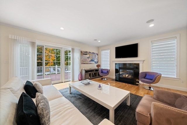 living room with hardwood / wood-style flooring and ornamental molding