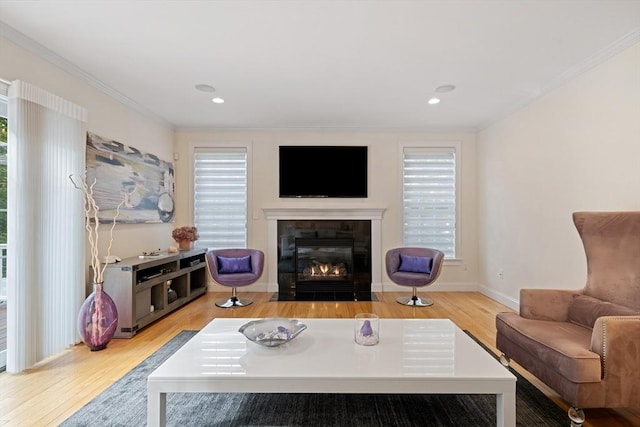 living room with light wood-type flooring and crown molding