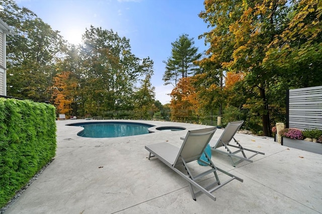 view of swimming pool featuring an in ground hot tub and a patio area