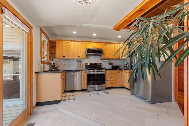 kitchen featuring a sink, open shelves, dark countertops, tasteful backsplash, and appliances with stainless steel finishes