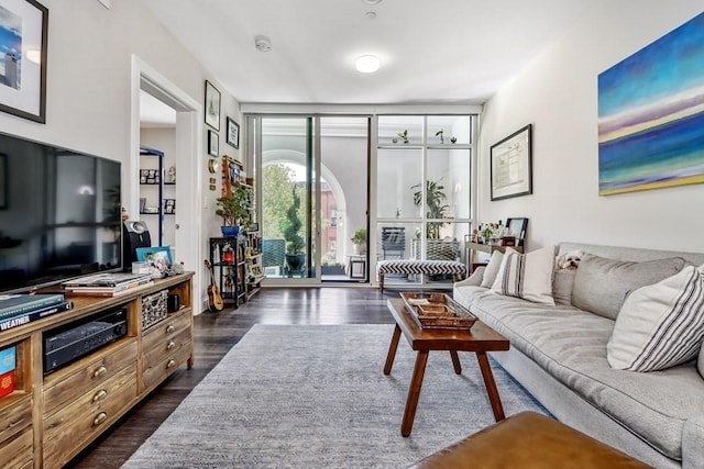 living room with a wall of windows and dark hardwood / wood-style floors