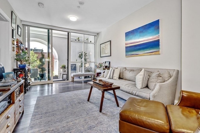 living room with expansive windows and dark wood-type flooring