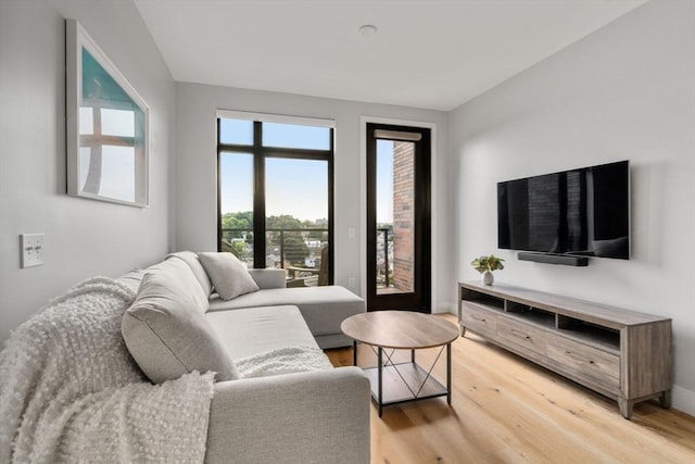 living room with baseboards and light wood-style floors