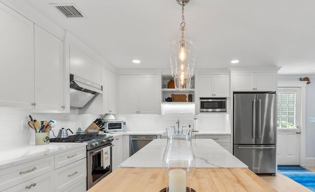 23 Union St Unit 2, Salem, MA 01970 - kitchen featuring stainless steel appliances, open shelves, white cabinetry, decorative backsplash, and recessed lighting